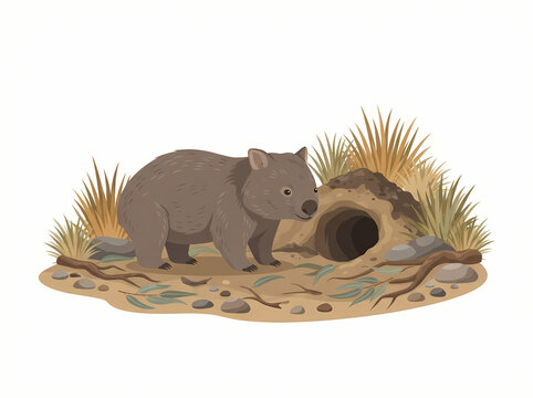 A brown wombat standing near its burrow entrance in a grassy habitat.