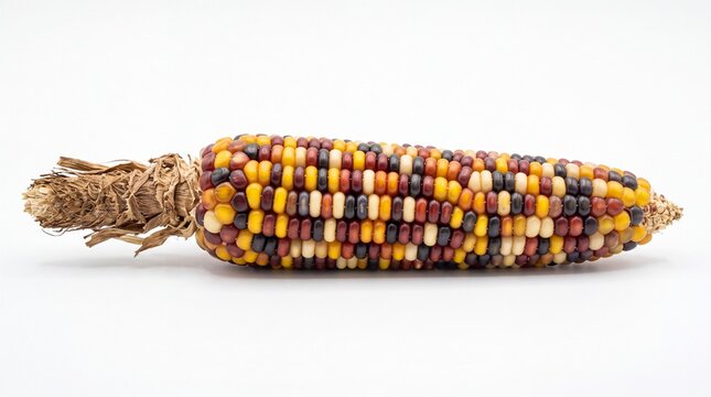Colorful flint corn cob featuring vibrant yellow red brown and purple kernels on white background