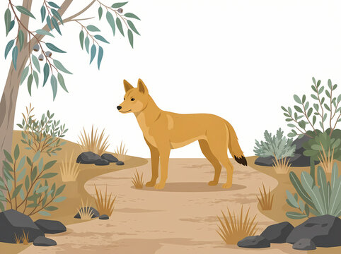 A golden dingo standing in a natural Australian landscape.