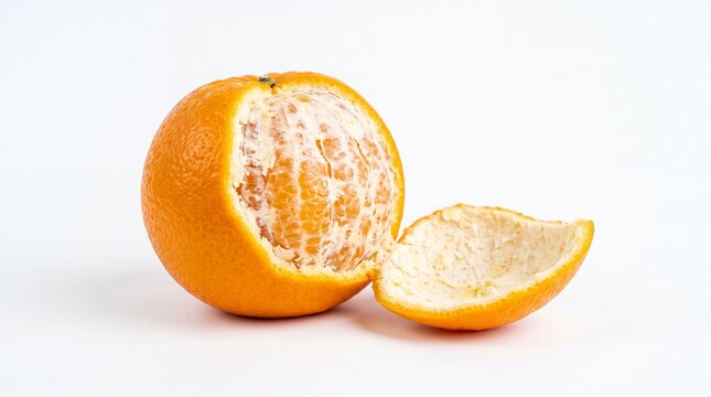 Fresh peeled juicy orange fruit with bright segmented pulp sitting isolated on white background