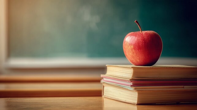 Red Apple on Stack of Books on Classroom Desk with Blackboard Background