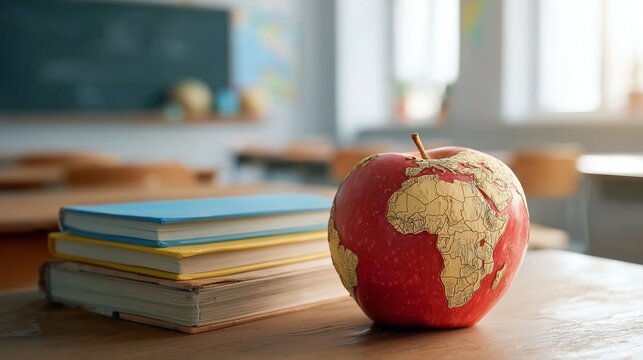 World Teachers' Day concept with globe apple and stack of books on wooden desk in empty classroom