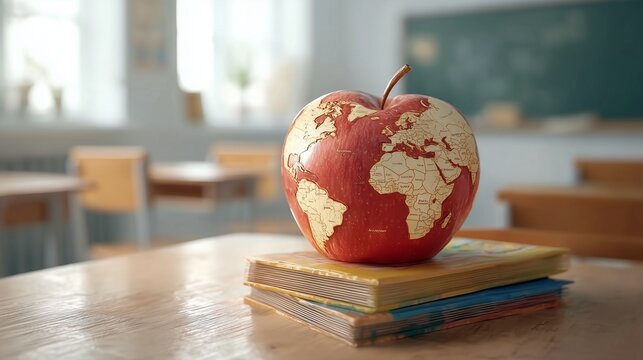 Red apple with globe pattern and books on wooden desk in empty classroom