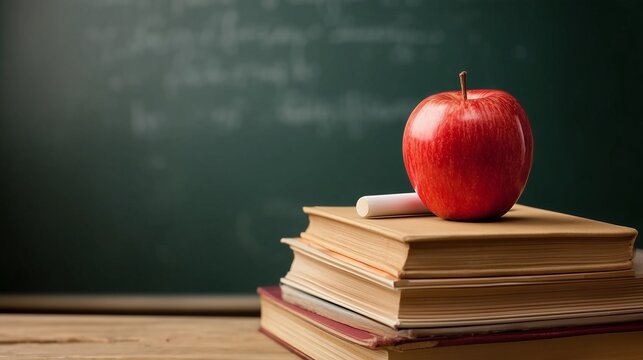 Red Apple and Chalk on Stack of Books with Chalkboard for World Teachers Day Education Concept