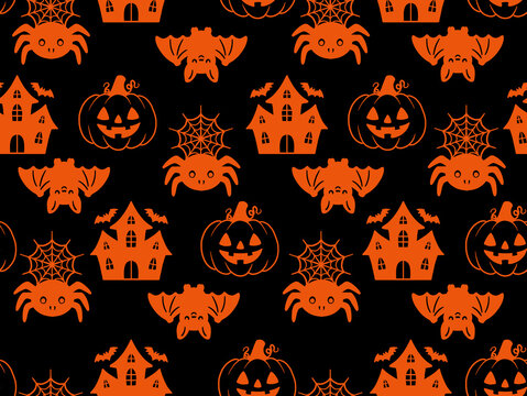 Seamless Halloween pattern with jack-o'-lantern, haunted house, bat and spider, black silhouette on black background