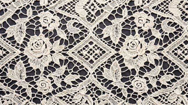Vintage cream floral lace fabric pattern on dark background, handmade crochet textile texture