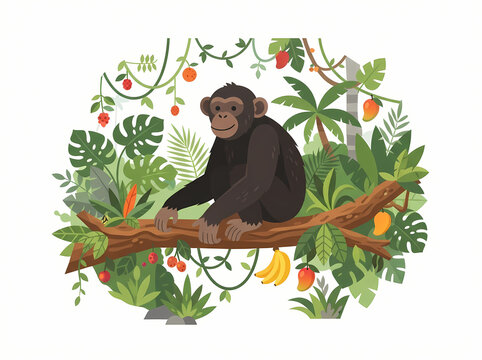A detailed illustration of a chimpanzee sitting calmly on a thick tree branch in the jungle.