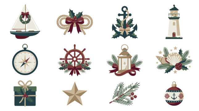 Nautical Christmas Decorations Set with Sailboat, Anchor, Lighthouse, and Compass.