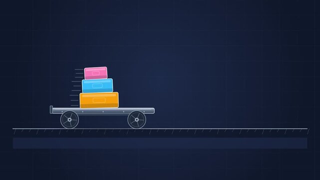 Animated cargo cart with stacked colorful boxes moving left to right across a grid background, symbolizing logistics, shipping, delivery, and global trade, seamless loop