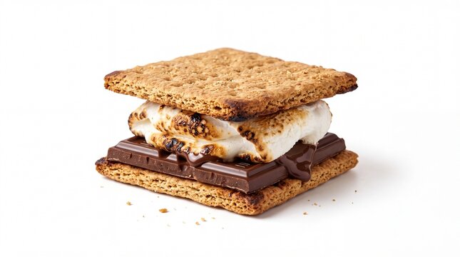Delicious sweet toasted marshmallow and chocolate s'more sandwich isolated on white background