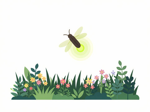 A glowing firefly hovering above a lush patch of colorful wildflowers and green grass.