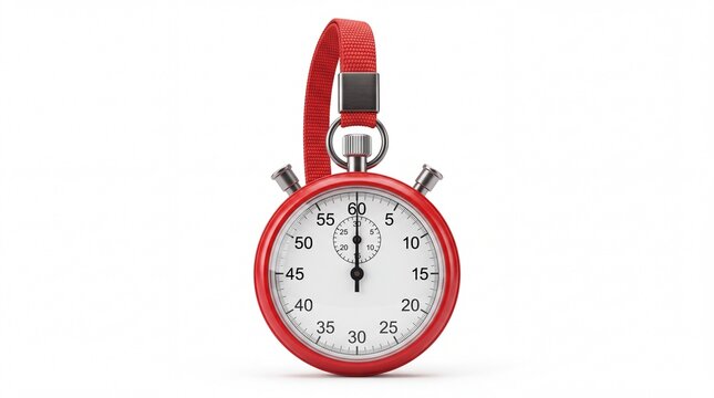Modern red mechanical stopwatch featuring silver metal details and fabric strap hanging on white background
