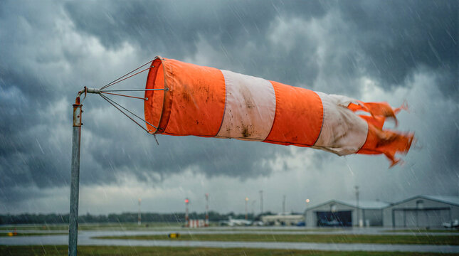 Wind sock indicating strong winds during a storm at an airport  