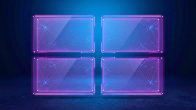 Four glowing rounded rectangular frames with purple and blue neon lighting on a futuristic dark background.
