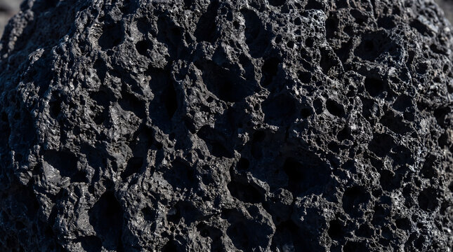 Porous black volcanic basalt rock with holes and rough surface, close up geology texture