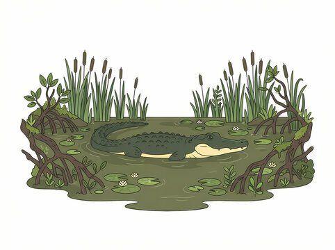 A detailed illustration of a large alligator resting in a swampy marsh environment.