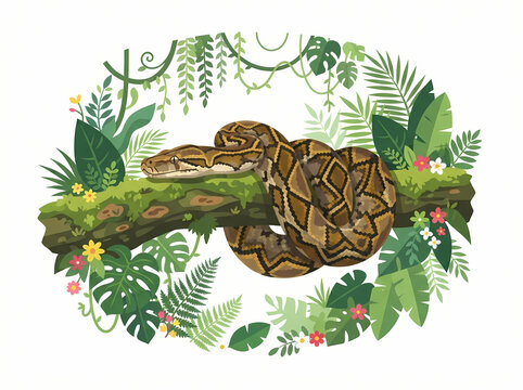 A detailed illustration of a large brown python snake coiled on a mossy tree branch.