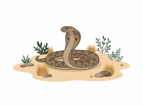 A detailed illustration of a brown cobra snake coiled on the desert sand.