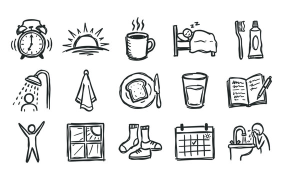 Morning routine daily activities graphic pack displaying sketchy wake up clocks breakfast toast morning beverages personal hygiene elements and time planning symbols