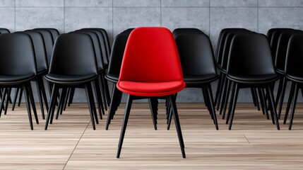 Obraz premium Red chair standing out among black chairs symbolizing uniqueness