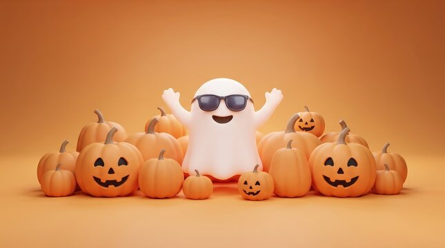 Cute cartoon ghost wearing sunglasses surrounded by carved jackolantern pumpkins during happy halloween celebration