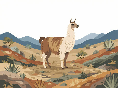 A majestic llama standing in a desert landscape.