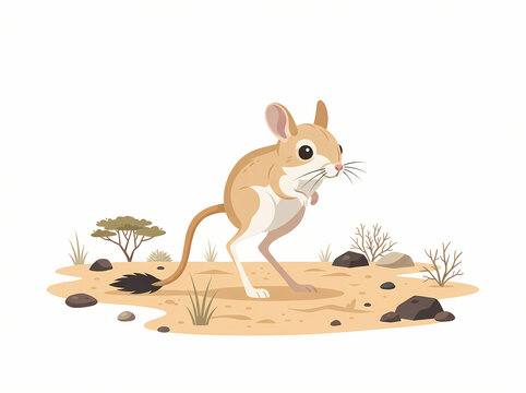 A cute cartoon jerboa standing on sandy ground in a desert environment.