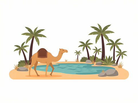 A single camel standing beside a desert oasis with palm trees.
