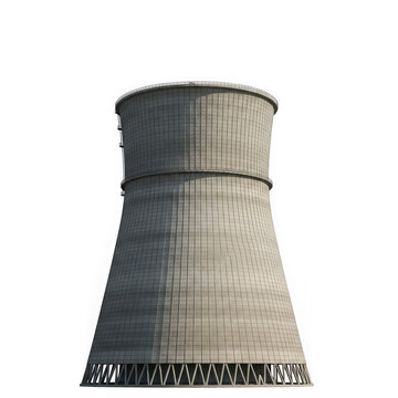 Large gray cooling tower of nuclear power plant isolated against plain white background