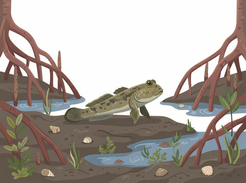 A detailed illustration of a mudskipper fish resting on the muddy ground.