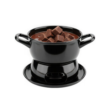 Black fondue pot filled with melted chocolate and chocolate chunks isolated on white