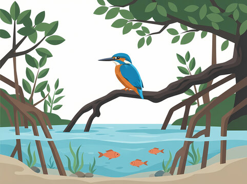 A vibrant blue kingfisher perched on a mangrove branch above water.