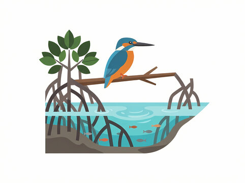 A vibrant kingfisher bird perched on a mangrove branch above a clear water ecosystem.