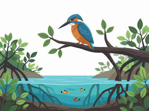 A vibrant kingfisher bird perched on a mangrove branch above the water.