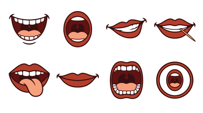 Set of expressive cartoon mouth and lips icons showing varied emotions and gestures.