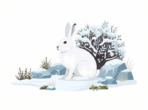 A white arctic hare sitting peacefully in a snowy winter landscape.