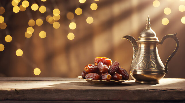Traditional arabic coffee pot with a plate of sweet dates on a rustic wooden table hospitality traditional celebration background lighting vegetarian delicious religion