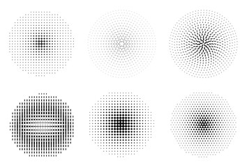 Set of halftone circular patterns with various geometric shapes isolated on transparent background © MST