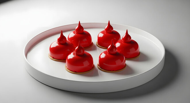 Six glossy red glazed dome cakes arranged on a white circular tray