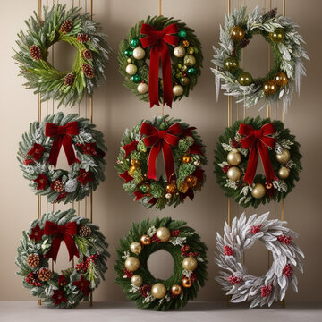 Set of Nine Decorative Christmas Wreaths on Display