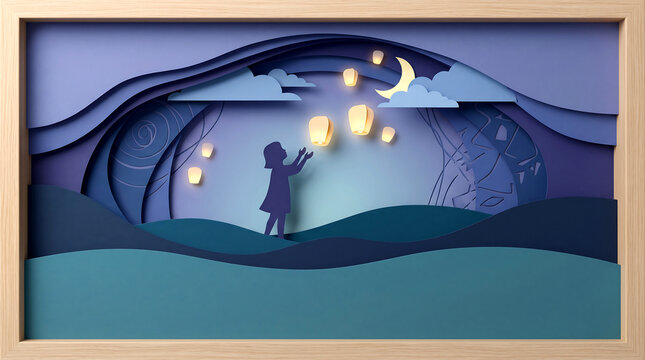 Silhouette releasing glowing paper lanterns under a crescent moon featuring night, cut