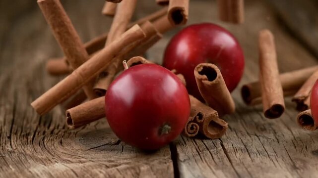 Falling red apples and cinnamon sticks on a rustic wooden table background