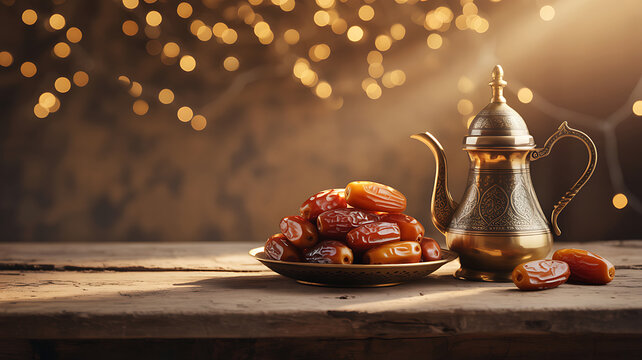 Plate of ripe dates beside an ornate coffee pot on a rustic table in warm evening light with hospitality traditional celebration background lighting vegetarian delicious religion sunlight