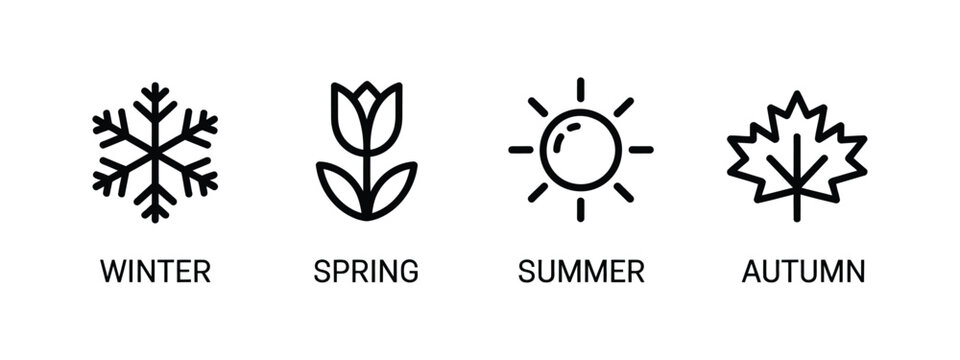 Four season icon set, spring summer autumn and winter symbols, seasonal weather nature illustrations isolated on white background