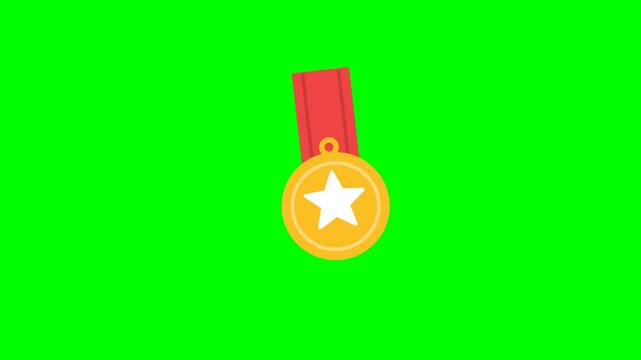 Animated Gold Medal with Red Ribbon Swinging Gently on Green Screen Background, Representing Achievement, Victory, and Success in Competitions and Awards