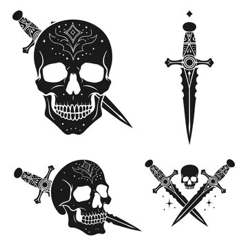 Gothic Skull and Dagger Vector Set with Ornate Blade Illustrations