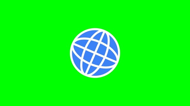Animated blue globe icon appears and animates on green screen, pulsating with network lines, symbolizing global connectivity, internet access, and digital communication, for technology and business