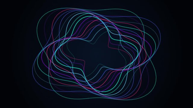 An ultra-premium 4K seamless 10-second abstract motion graphic. Features curated bioluminescent color palettes, intersecting organic wave rings, glowing vector strands, additive blending, and infinite