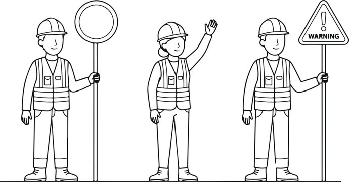 Three dedicated railway workers are carefully signaling with flags and distinct hand gestures to ensure complete train safety and clear communication protocols