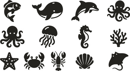 Obraz premium Set of black marine life silhouettes and ocean creatures with sea animals wildlife silhouettes underwater animals aquatic life icon set deep sea jellyfish seahorse starfish seashell stingray